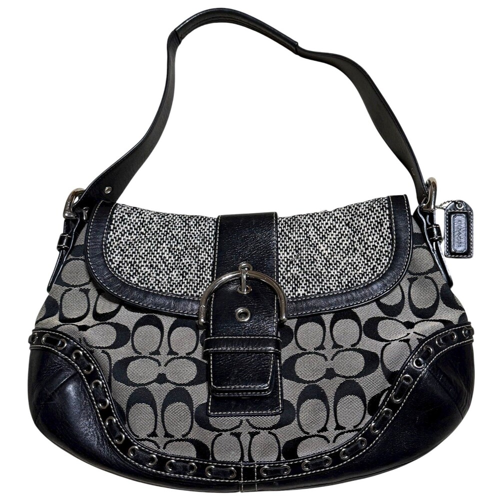 Vintage Y2K Coach Soho Hobo Bag Signature C Black Leather Tweed Buckle Flap